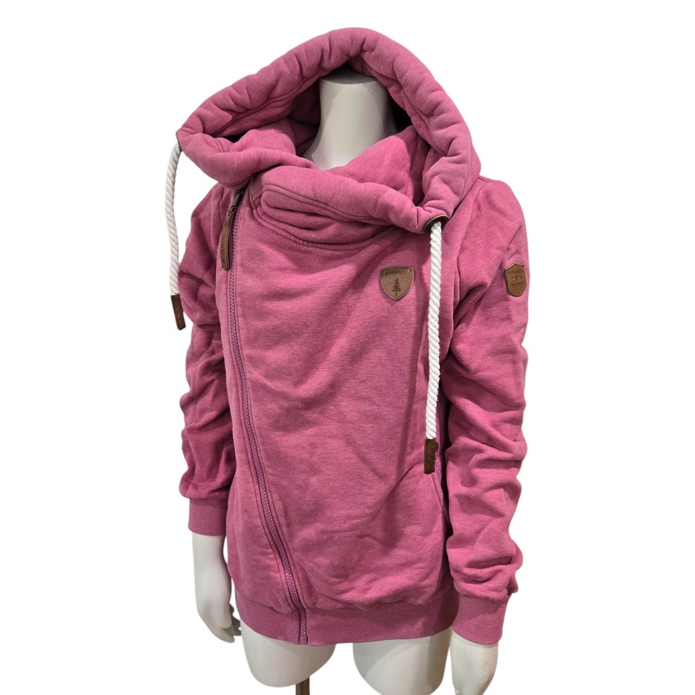 Wanakome Hestia Pink Hoodie Sweatshirt Womens L Asymmetric Side Zip Cowl Neck